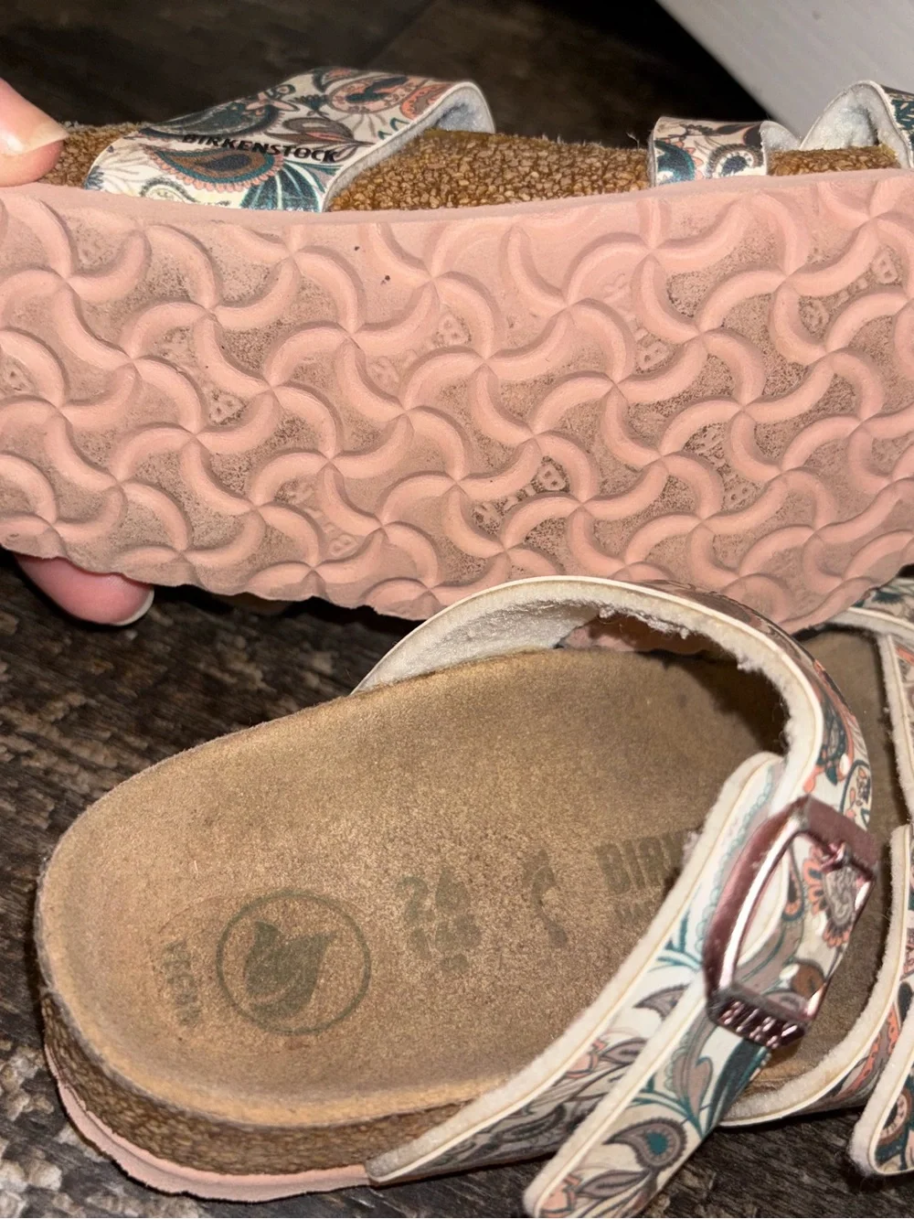 Birkenstocks Paisley Patterned Two-Strap Sandals in Cream, Teal & Peach sz 10.5